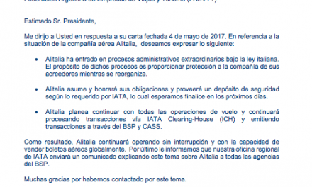 Carta redactada por IATA hacia la FAEVYT acerca de la situación actual de Alital…